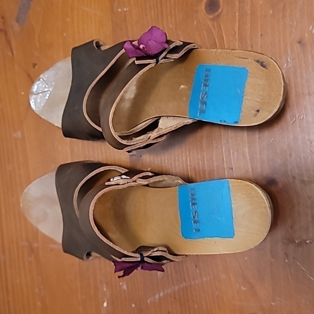 VINTAGE DIESEL‎ WOMEN'S BROWN LEATHER AND WOOD BLOCK HEEL SANDAL SZ 6 - Picture 3 of 9